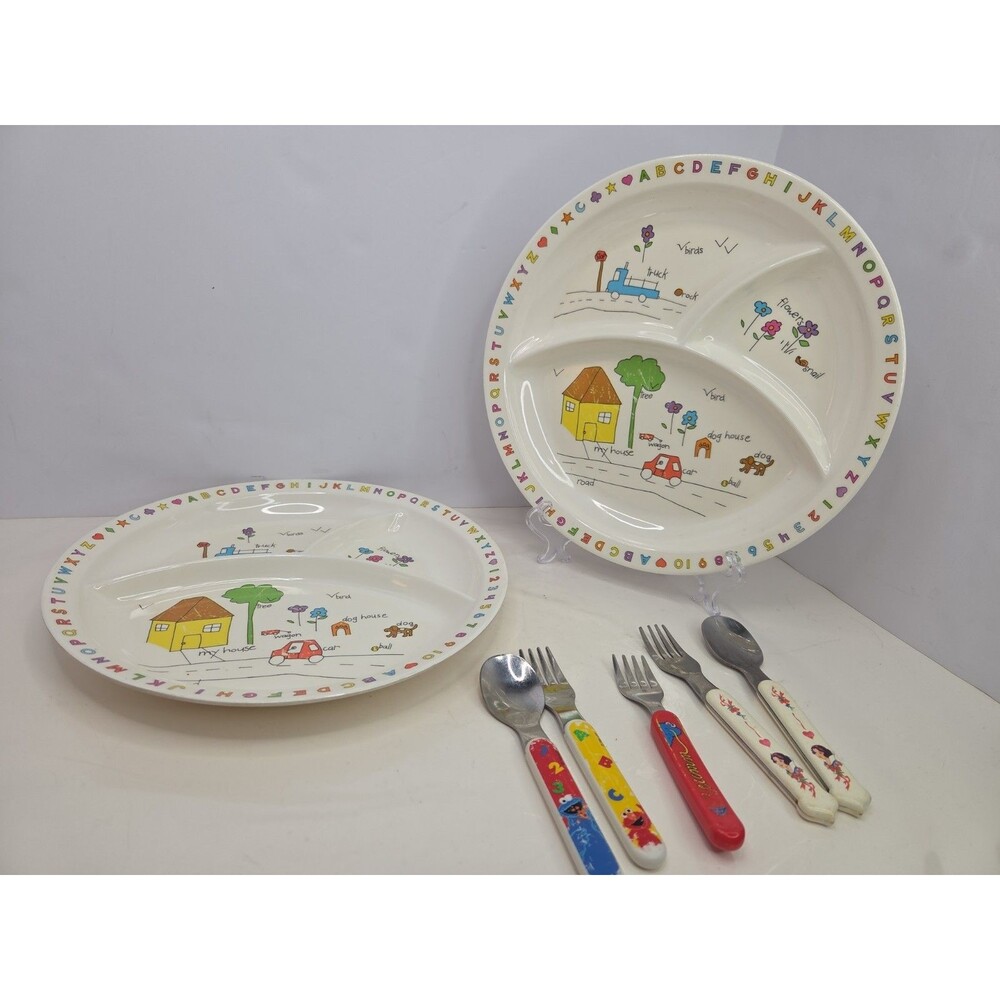 Vintage 1980s Toddler Plate Utensil Lot Anacapa My House Snow White & Sesame St